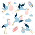 Storks carry children to their parents. Flying birds. Vector illustration on a white isolated background