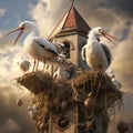 Storks nesting on church bell