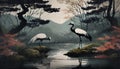 storks by the river in the pine forest