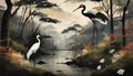 storks by the river in the pine forest