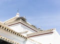 Storks on their nests at a rooftop of a white building in Castilblanco de los Arroyos, Spain