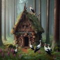 storks in a wooden house in the forest