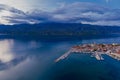 Storm above Velebit, Old coastal town Vinjerac, Croatia, aerial view Royalty Free Stock Photo