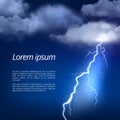 Storm background. Thunderstorm weather rainy clouds night sky with dramatic power glow lightning strike vector realistic Royalty Free Stock Photo