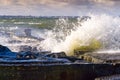 Storm at baltic sea. big waves over berth Royalty Free Stock Photo