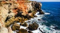 Storm at Black sea. Big waves break on the rocky shore, white foam on the water Royalty Free Stock Photo