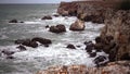 Storm on the Black Sea. Waves breaking on the coastal cliffs near the village of Tulenovo