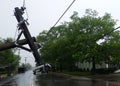 The storm caused severe damage to electric poles falling tilt. Royalty Free Stock Photo