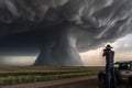 storm chaser capturing the moment of a tornado touching down, with dramatic sky and storm visible in the background Royalty Free Stock Photo