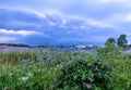 storm clouds forming over green meadow pastures Royalty Free Stock Photo