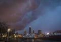 Storm clouds gather over the Cleveland skyline