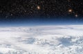 Storm clouds horizon from above and stars space background