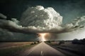 Storm clouds and lightning over a long highway. Deserted road with thunderstorm approaching. Menacing landscape. Royalty Free Stock Photo