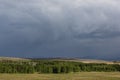 Dark storm clouds ominously hover over California pastureland.