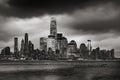 Storm Clouds over Lower Manhattan skyscrapers in Black & White. New York City Royalty Free Stock Photo