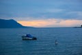 Storm clouds overcast dramatic weather, wind and rain on Geneva lake, Alps, Moutains, Switzerland Royalty Free Stock Photo