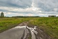 Storm clouds, puddles and mud at a rural road fork - dramatic countryside landscape Royalty Free Stock Photo