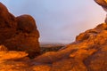 Dramatic sunset colors, clouds and rain in Arches National Park desert Royalty Free Stock Photo