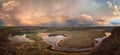 Storm clouds and rainbow over dry falls lake panorama grant county perch lake rainbow lake near coulee city and basalt cliffs