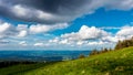 Storm clouds and their shadows on a mountain meadow