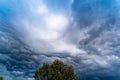 The storm is coming. Storm clouds above the tree. Heavy torrential rain. Rainfall flash flooding . Metorology weather forecast.