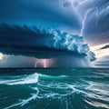 a storm is coming over the ocean with a boat in the water below it and a sky filled with clouds above it and a boat in