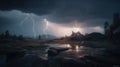 a storm is coming in over a river and a tree with a lot of lightning in the sky above it is a small lake with rocks and grass in Royalty Free Stock Photo