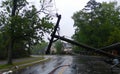 Storm damaged electric transformer on a pole and a tree