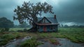 Storm-damaged house, tree, field, rain, rural Royalty Free Stock Photo