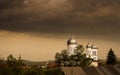 Storm dark clouds over the village