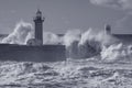 Storm at the Douro mouth north beacon and pier