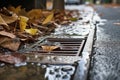 Storm drain on a city street during the rain. Storm sewer during a downpour. Generative AI Royalty Free Stock Photo