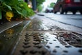 Storm drain on a city street during the rain. Storm sewer during a downpour. Generative AI