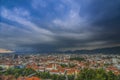 Storm with dramatic clouds looking like a tornado over the city of Graz, Styria region, Austria Royalty Free Stock Photo