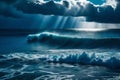 Before a storm, a dramatic seascape has dark blue sky and the surface of the ocean or sea with foam waves