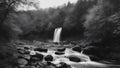storm in the forest black and white photo Waterfall panorama view in autumn with rocks and foliage.