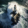 Storm Guardian: Aerial View of Lighthouse Battling a Massive Freak Wave on Cliff\'s Edge Royalty Free Stock Photo