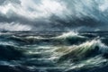 Storm, huge waves, seascape painted with watercolors on textured paper. Digital Watercolor Painting Royalty Free Stock Photo