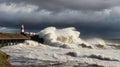 Storm Imogen creating massive waves battering the UK United Kingdom coastline at Tywyn, Wales. Royalty Free Stock Photo