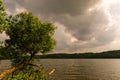 Before the storm. Lake with green forest.