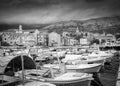 Before the storm in the marina of Korcula island in Croatia, in black and white tones