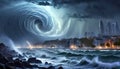 Storm in the metropolis. A huge hurricane. AI generated