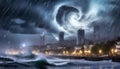 Storm in the metropolis. A huge hurricane. AI generated