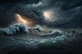 Storm over the ocean with big waves in a dark style, raging sea, destructive force of nature, generated ai