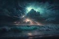 Storm over the ocean with big waves in a dark style, raging sea, destructive force of nature, lightning and thunder, generated ai