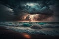 Storm over the ocean with big waves in a dark style, raging sea, generated ai