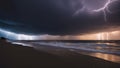 storm over the sea A dramatic scene of a thunderstorm and lightning over the beach, creating a contrast of light Royalty Free Stock Photo