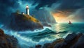 Storm over the sea with a lighthouse ans a boat. AI generated Royalty Free Stock Photo