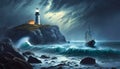 Storm over the sea with a lighthouse ans a boat. AI generated Royalty Free Stock Photo