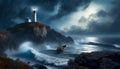 Storm over the sea with a lighthouse ans a boat. AI generated Royalty Free Stock Photo